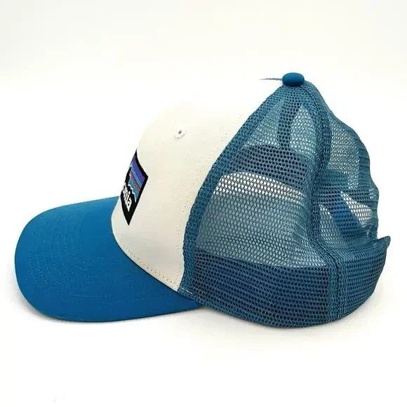 Patagonia P-6 Logo Trucker Hat Snapback Mesh Adjustable White Light Blue Cap - Picture 5 of 7